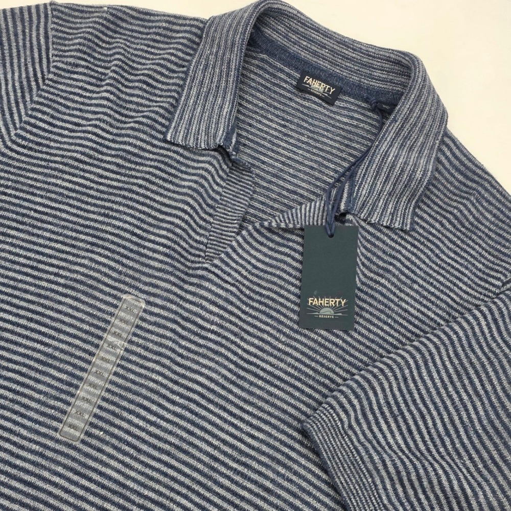 FAHERTY RESERVE LINEN SHORT SLEEVE SWEATER POLO MENS 2XL XXL BLUE STRIPED NEW!